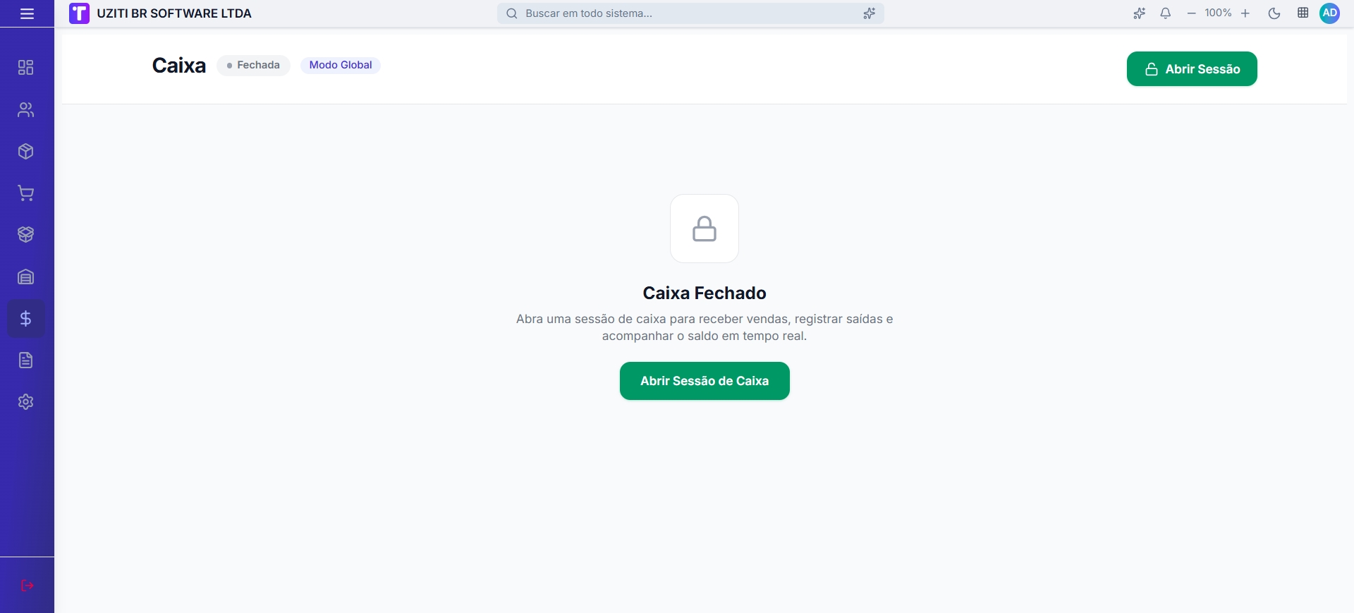 Tela de caixa fechado com botão Abrir Sessão