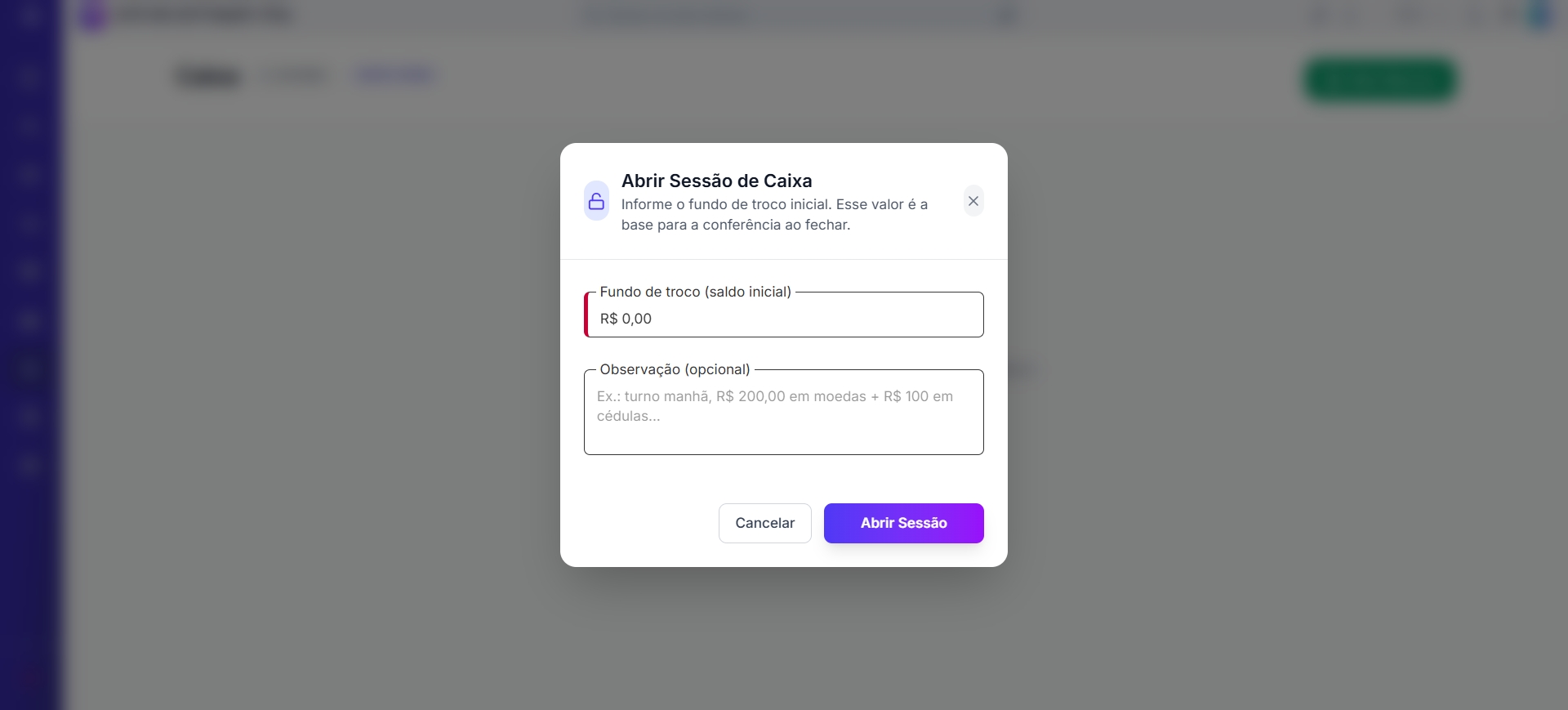 Modal Abrir Sessão de Caixa com fundo de troco e observação