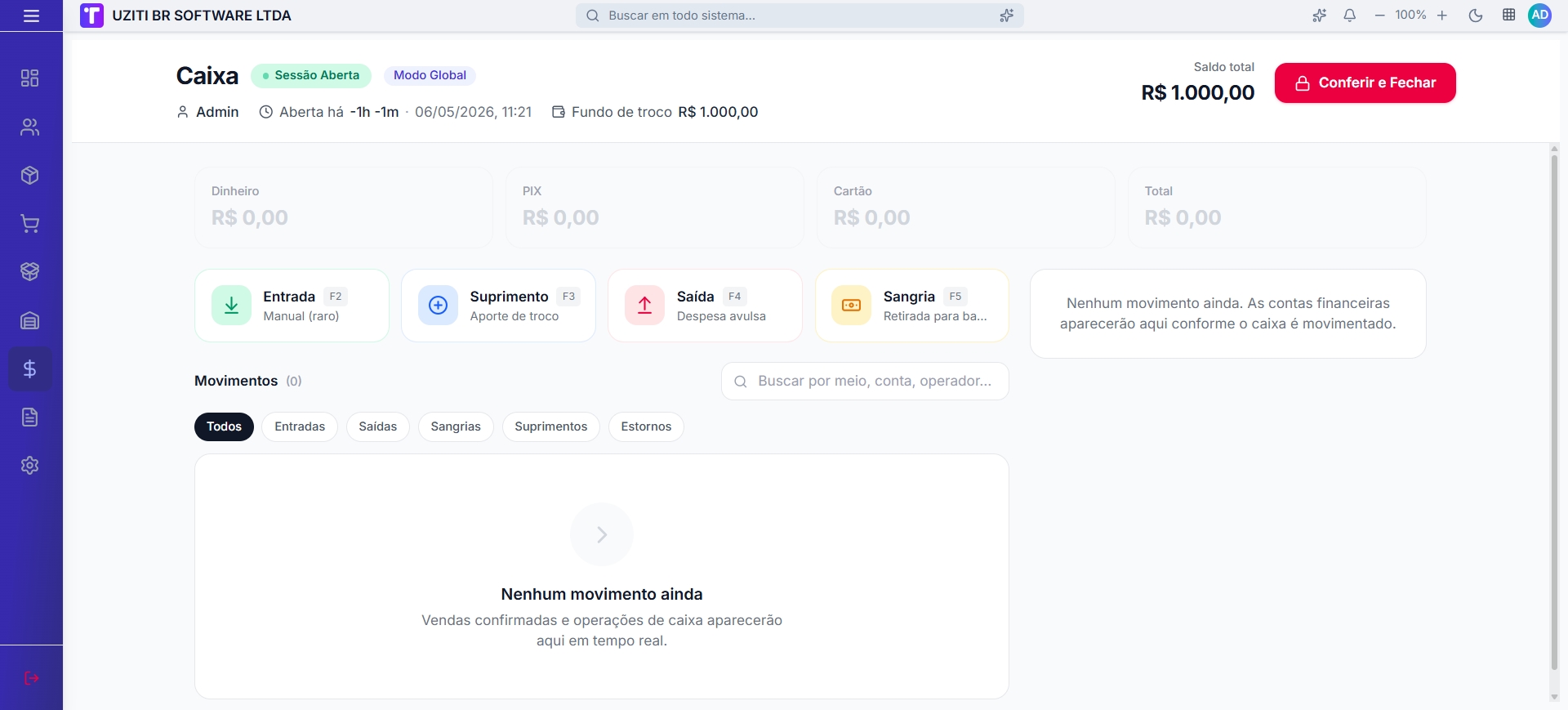 Tela principal do caixa com sessão aberta, cards e ações rápidas