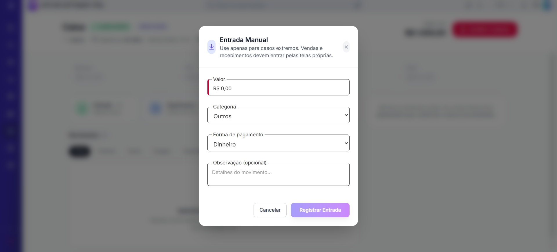 Modal de Entrada Manual com campos de valor, categoria e forma de pagamento