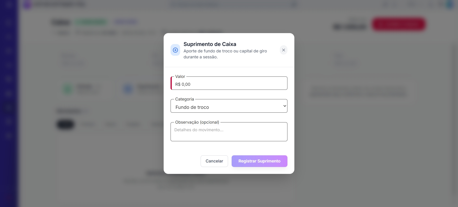 Modal de Suprimento de Caixa com categoria e observação