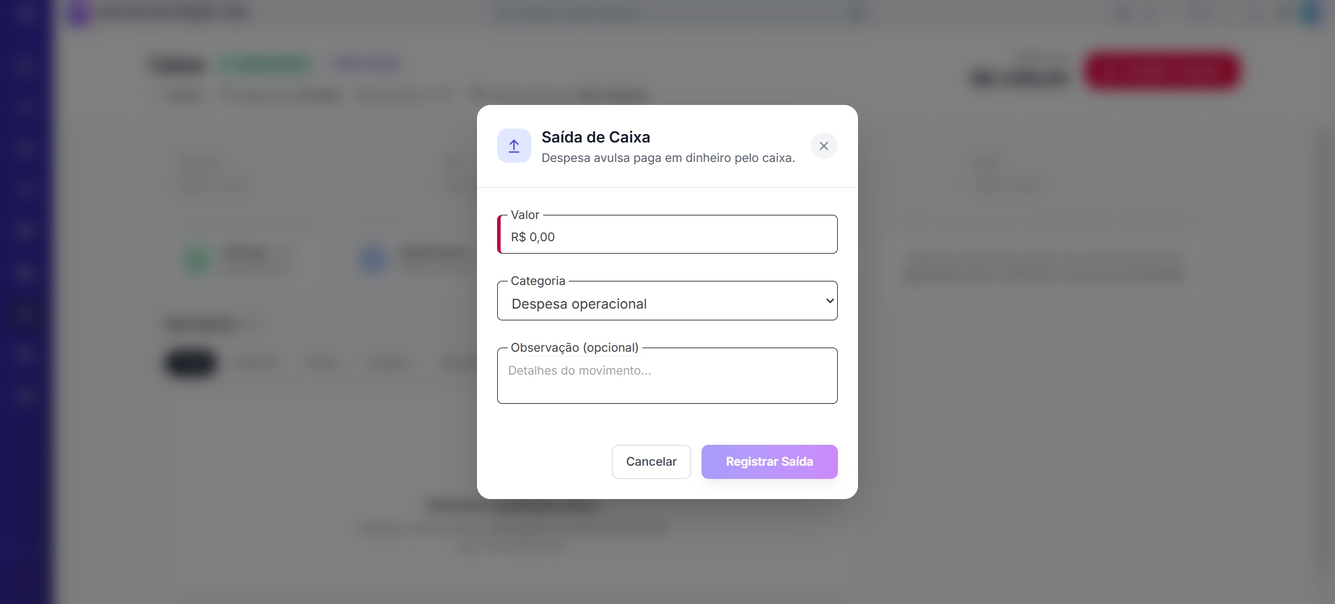 Modal de Saída de Caixa para despesa avulsa