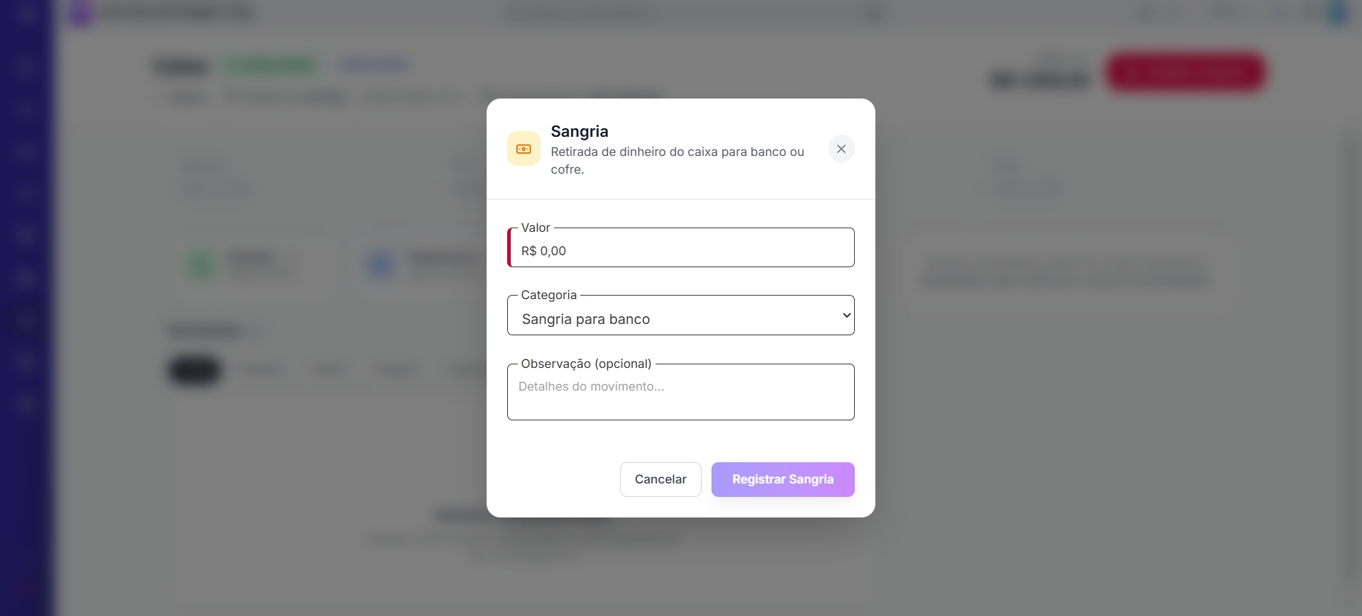Modal de Sangria para retirada de dinheiro do caixa