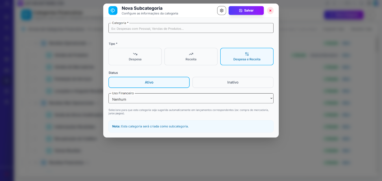 Modal Nova Subcategoria com aviso de criação no nível filho