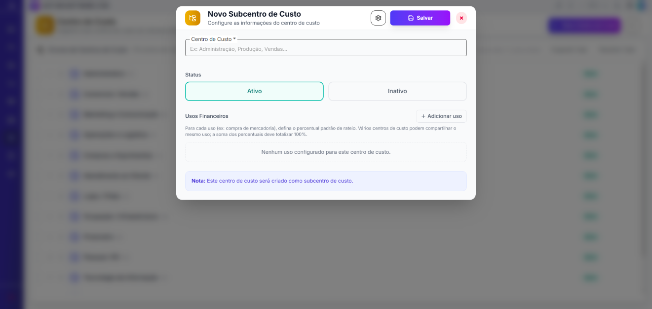 Modal Novo Subcentro de Custo