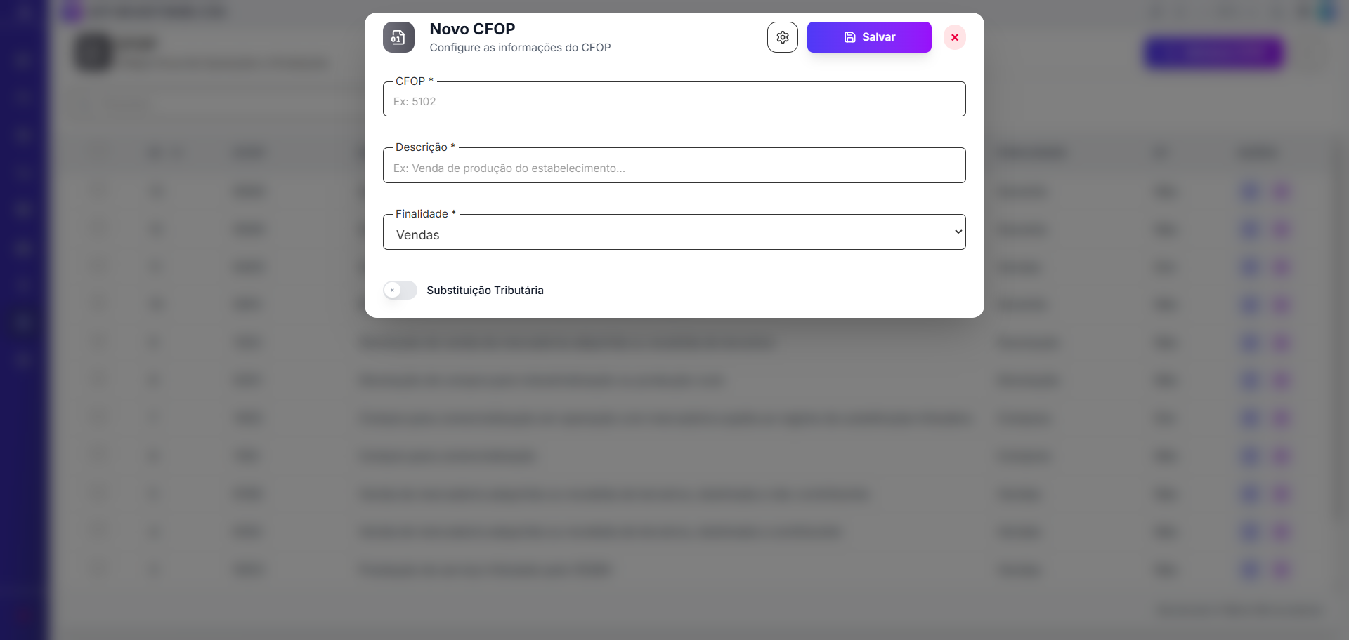 Modal Novo CFOP com campos código, descrição, finalidade e substituição tributária
