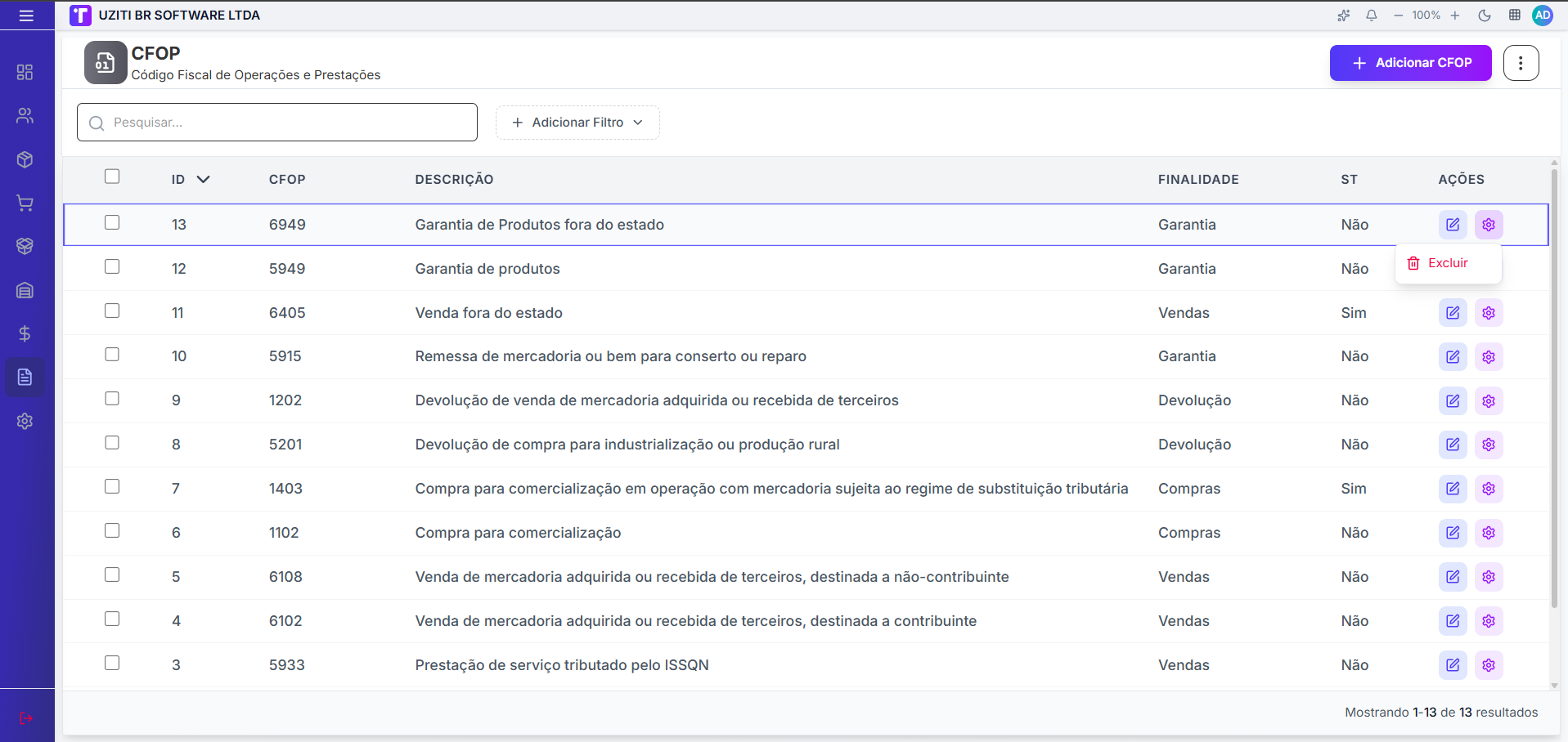 Menu de ações da linha com opção Excluir no CFOP