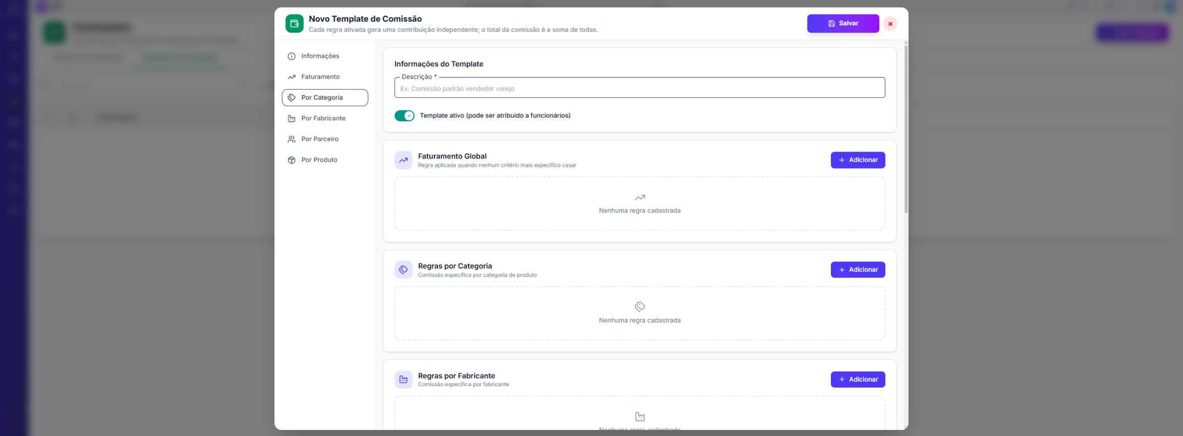 Modal de novo template de comissão