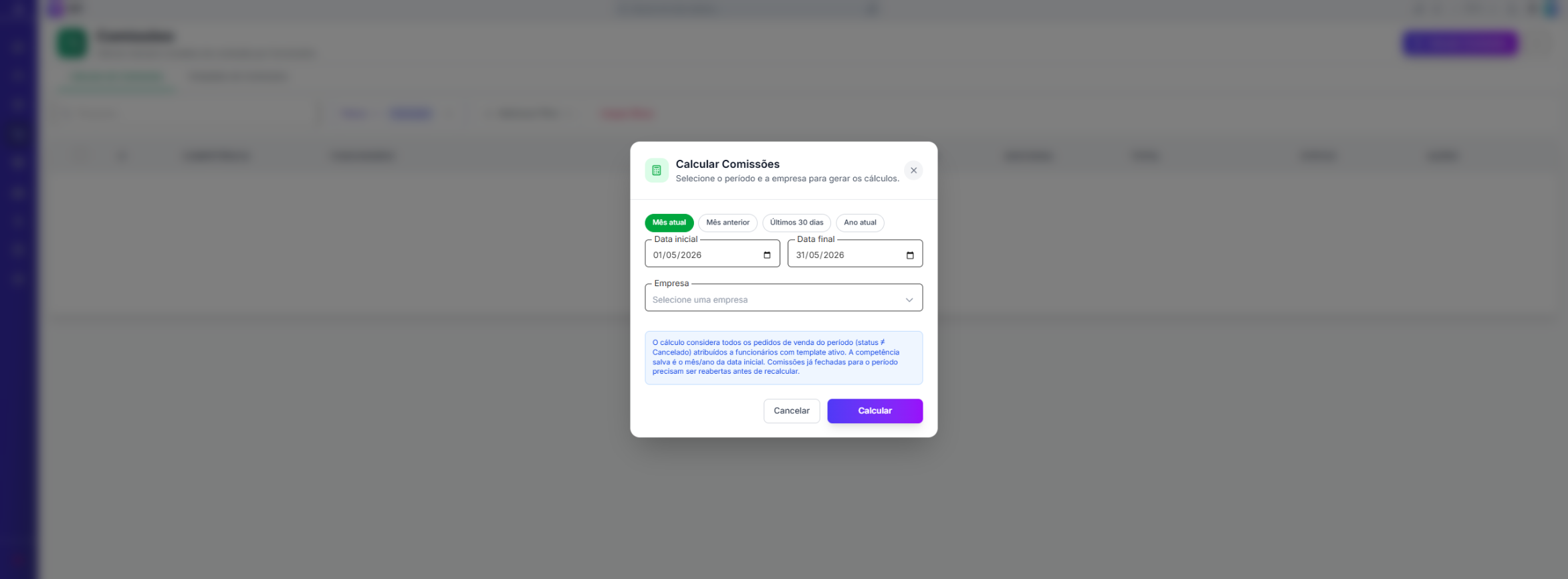 Modal de cálculo de comissões