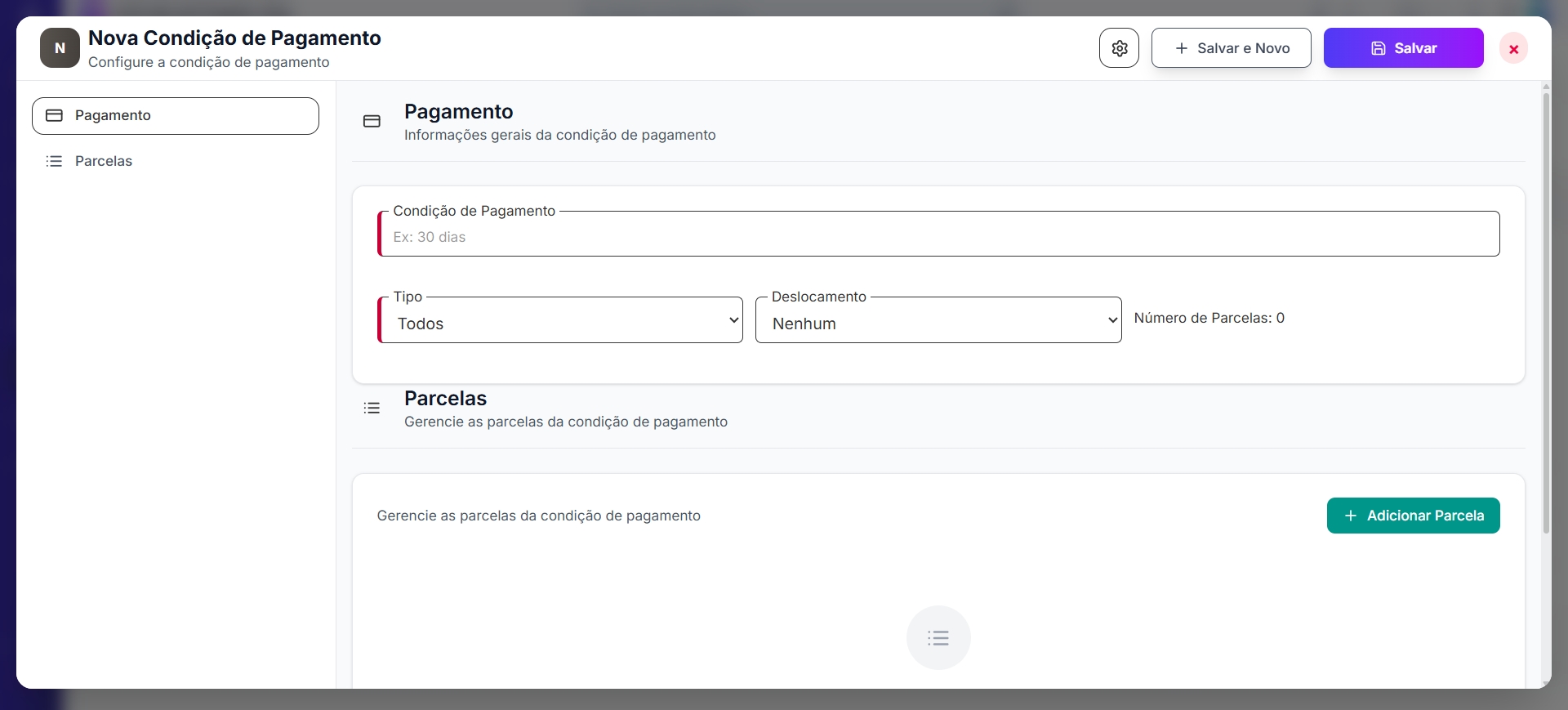 Formulário Nova Condição de Pagamento - seção Pagamento