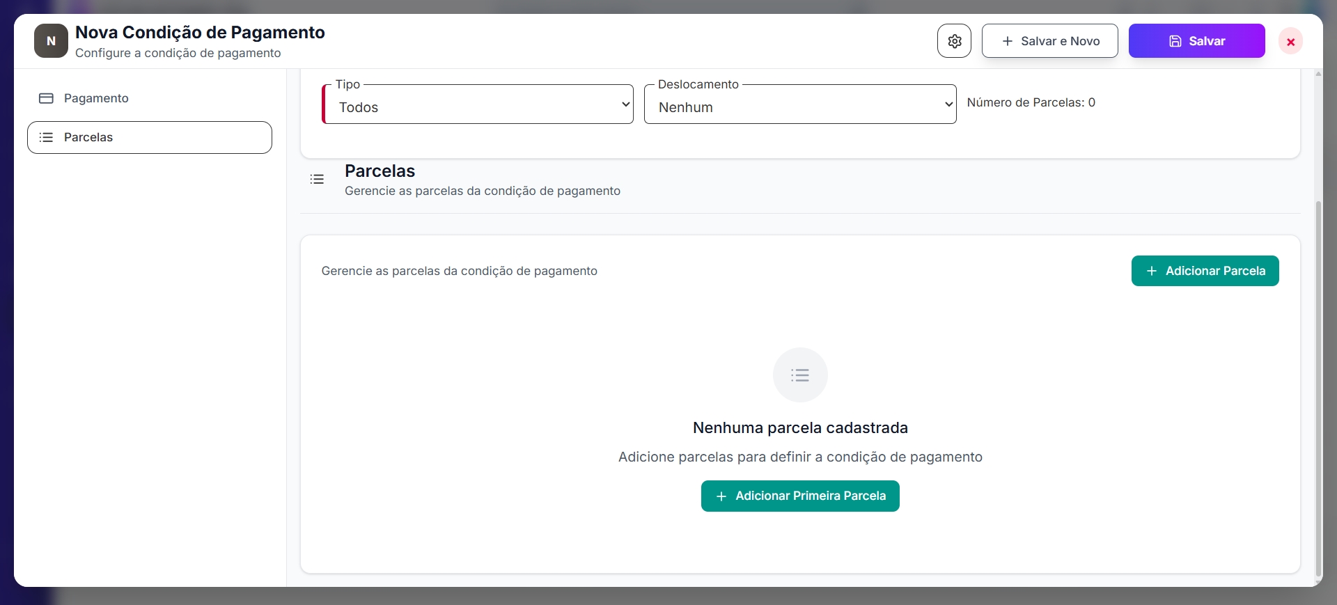 Seção Parcelas sem parcelas cadastradas