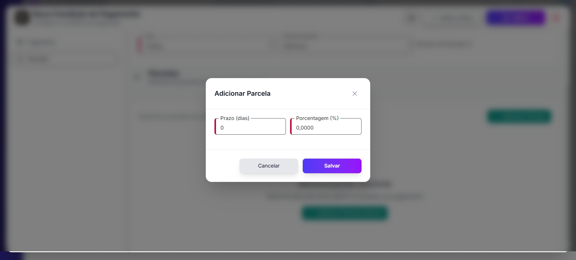Modal Adicionar Parcela com campos Prazo e Porcentagem