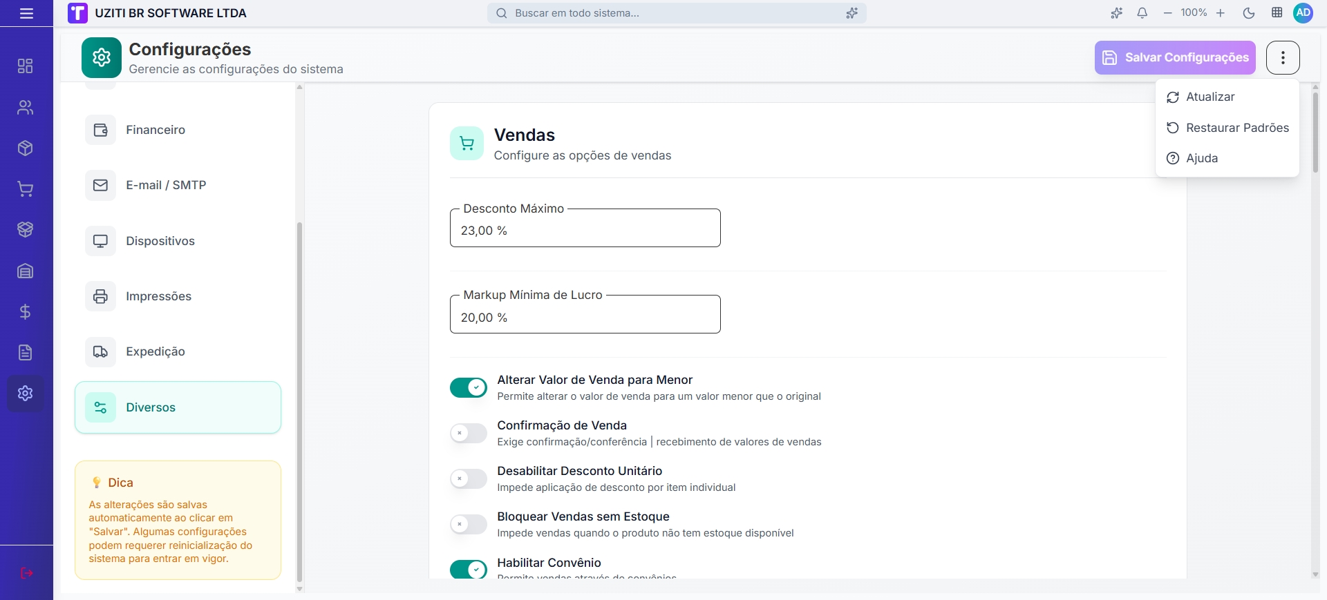 Configurações de Vendas