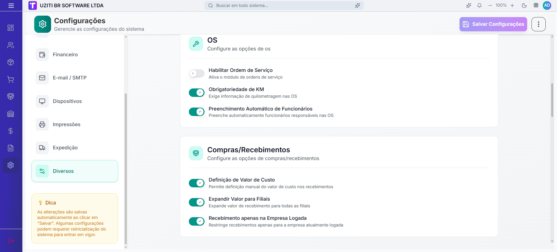 Configurações de OS e Compras/Recebimentos
