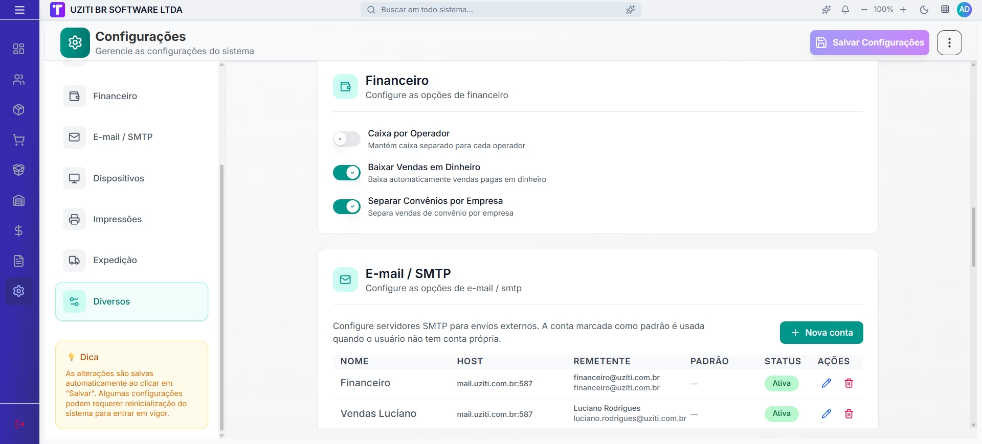 Configurações de Financeiro e E-mail/SMTP