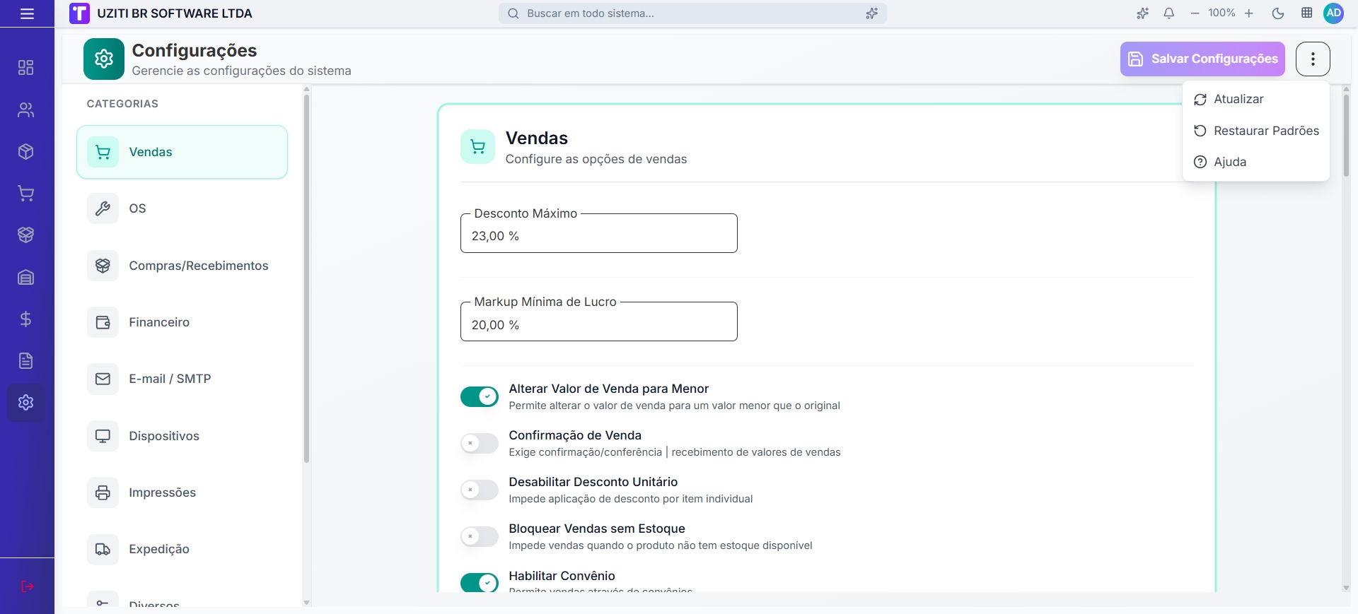 Configurações inicio