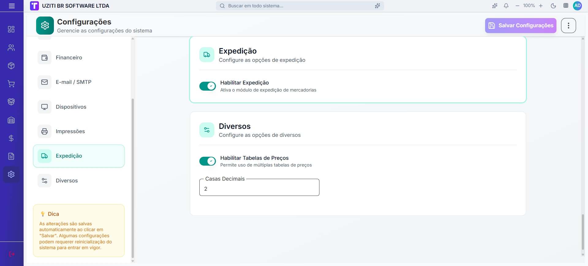 Configurações de Expedição e Diversos