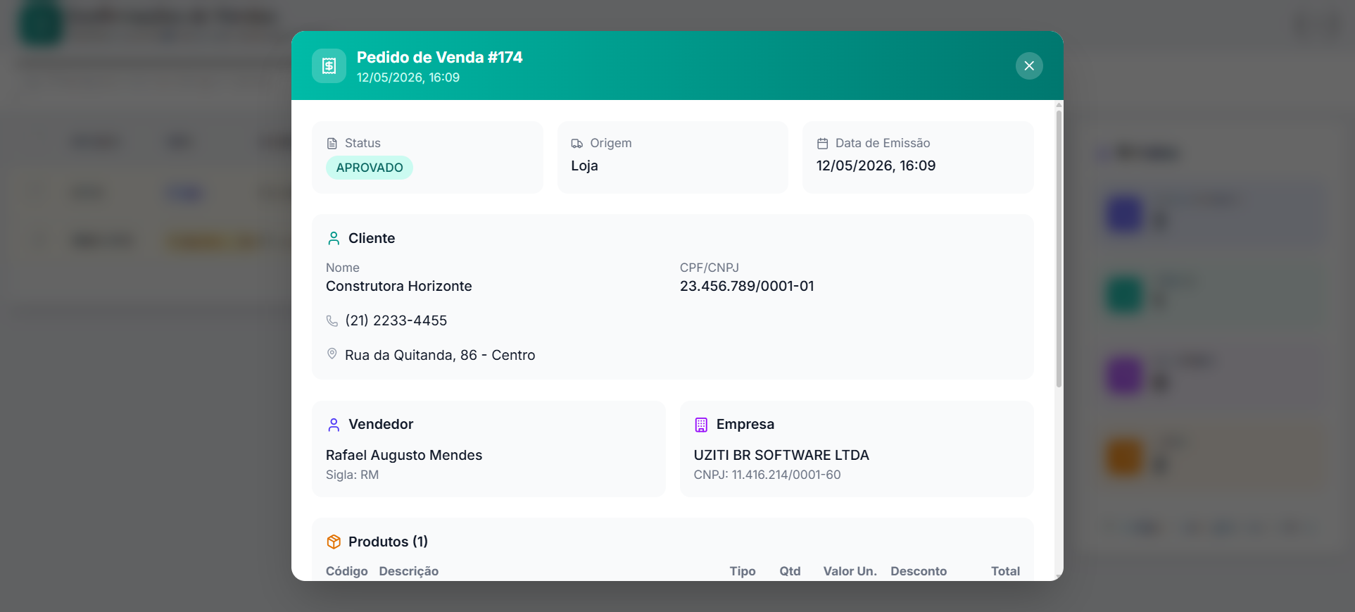 Tela de Confirmações de Vendas na visão de Tabela