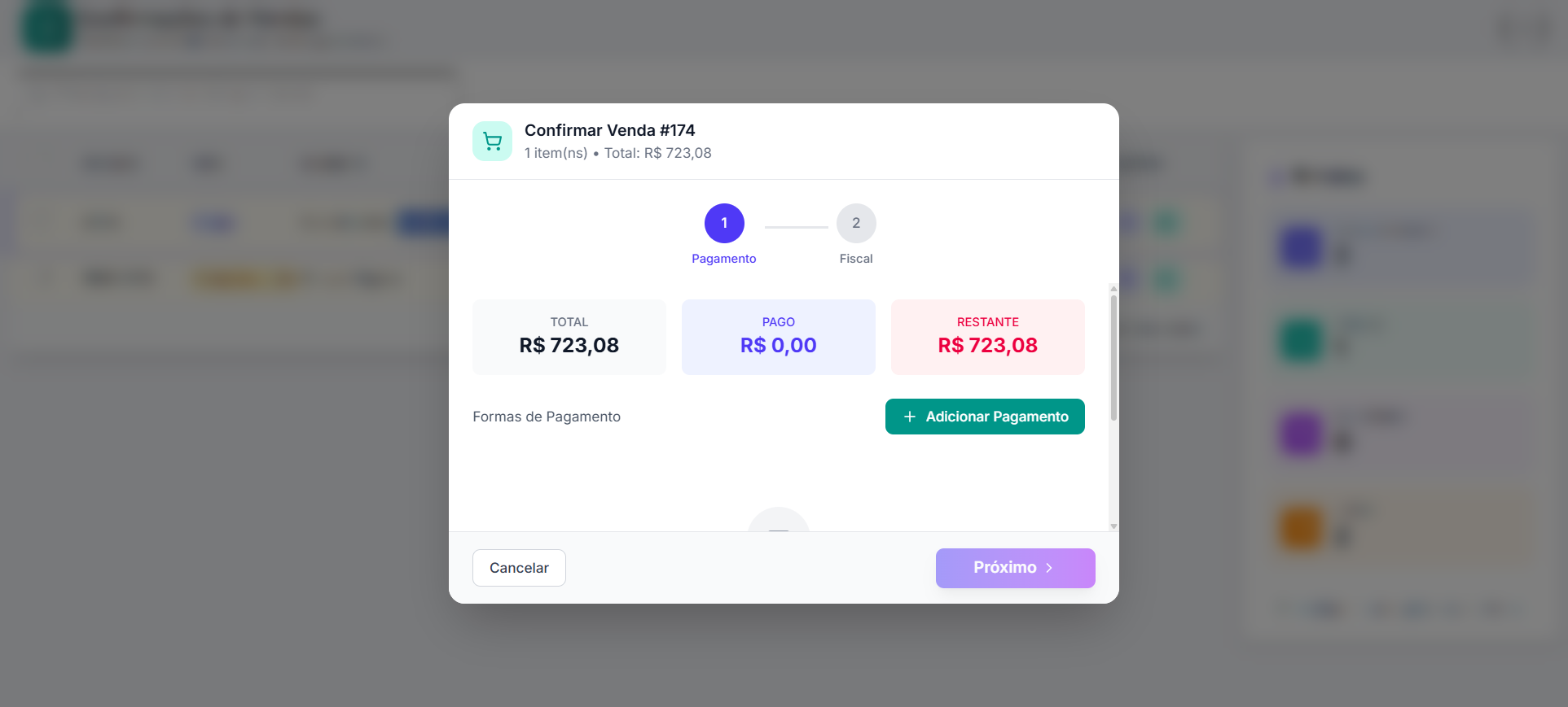 Tela de Confirmações de Vendas na visão de Tabela