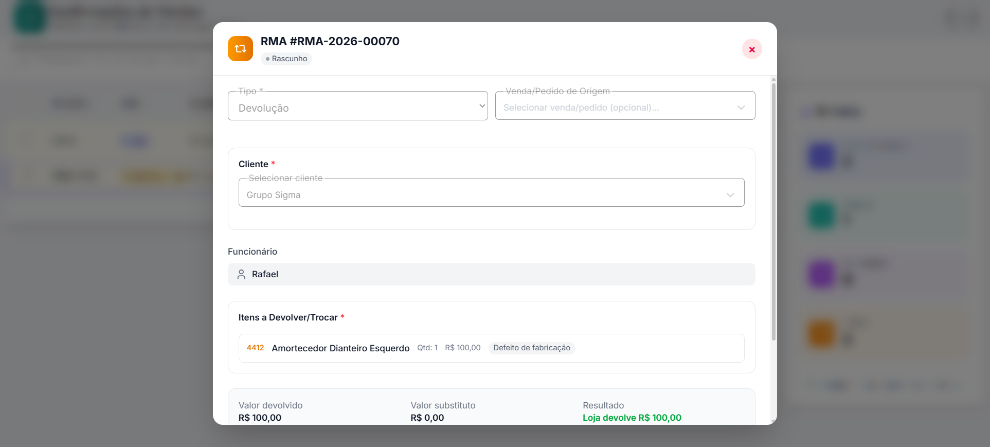 Tela de Confirmações de Vendas na visão de Tabela