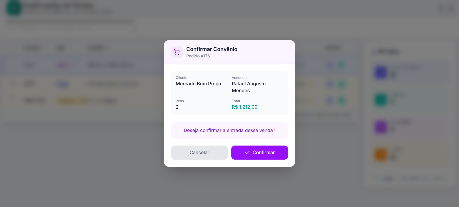 Tela de Confirmações de Vendas na visão de Tabela