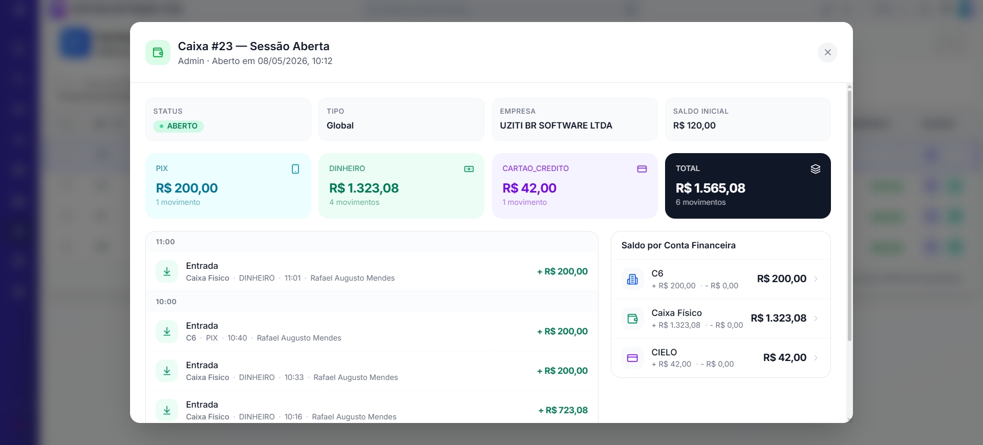 Modal de detalhes da sessão de caixa com cards, timeline e saldo por conta financeira
