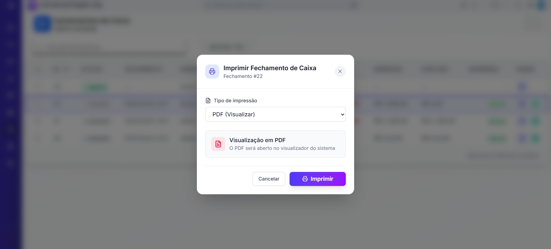 Modal Imprimir Fechamento de Caixa com seleção do tipo de impressão