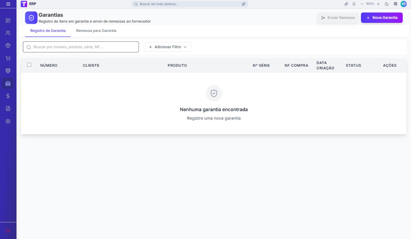 Tela da aba Registro de Garantia