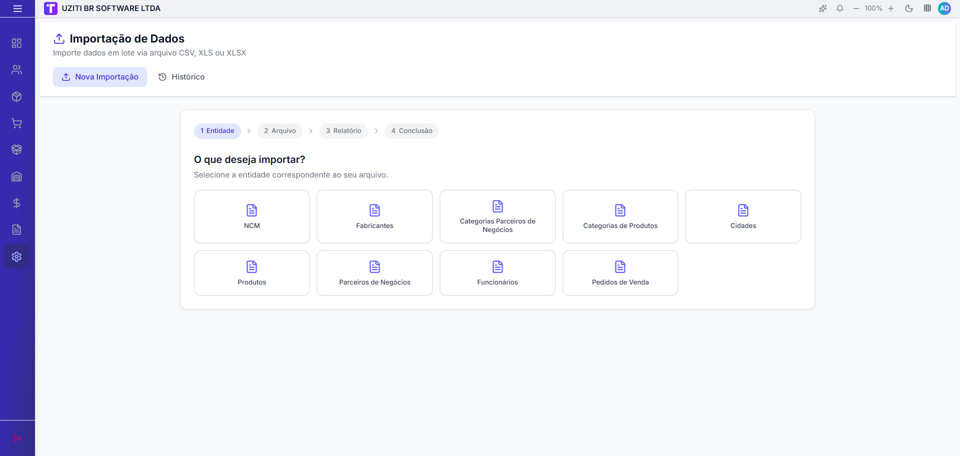 Tela de Importação de Dados com assistente em 4 etapas
