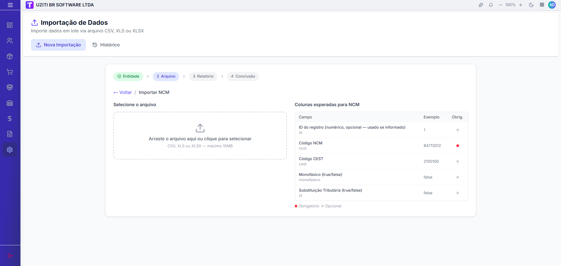 Tela de Importação de Dados com assistente em 4 etapas