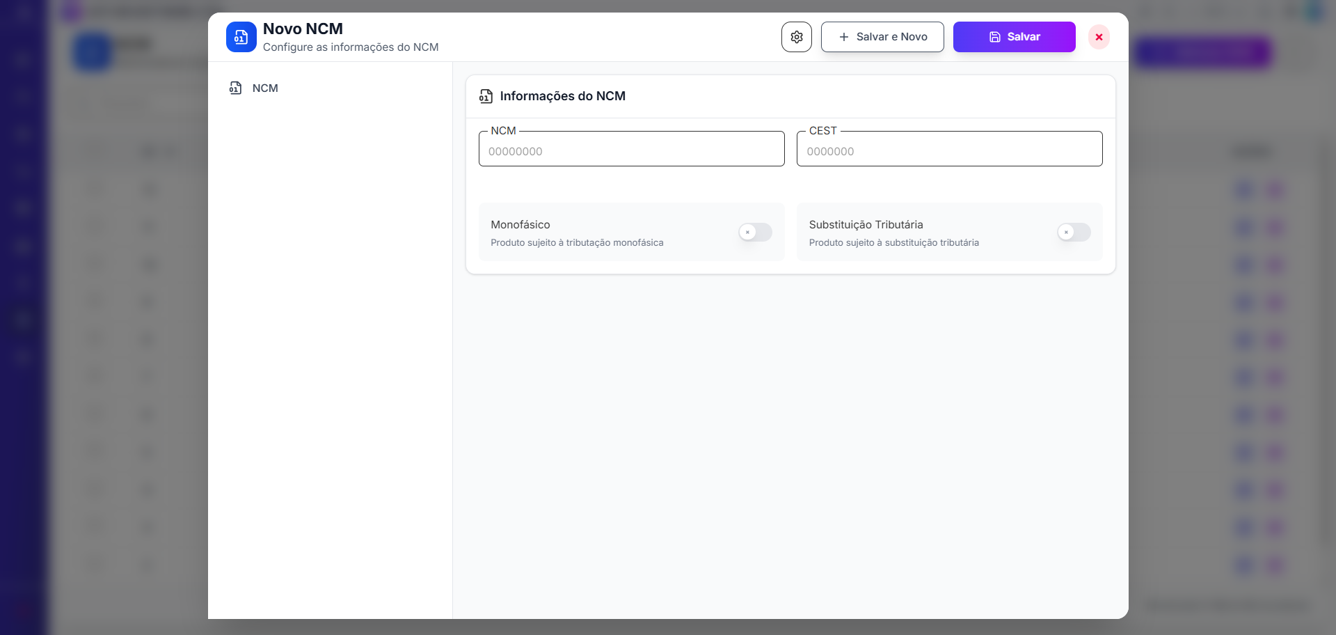 Modal Novo NCM com campos NCM, CEST e switches Monofásico e ST