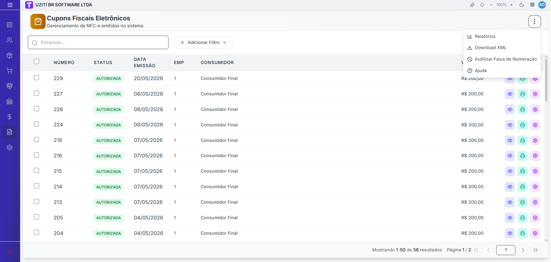 Menu do cabeçalho de NFC-e com Relatórios, Download XML, Inutilizar Faixa de Numeração e Ajuda