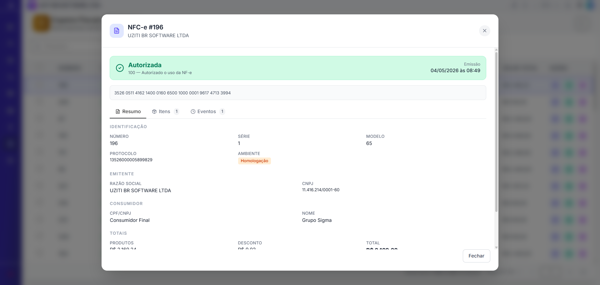 Modal de detalhes da NFC-e com abas Resumo, Itens e Eventos