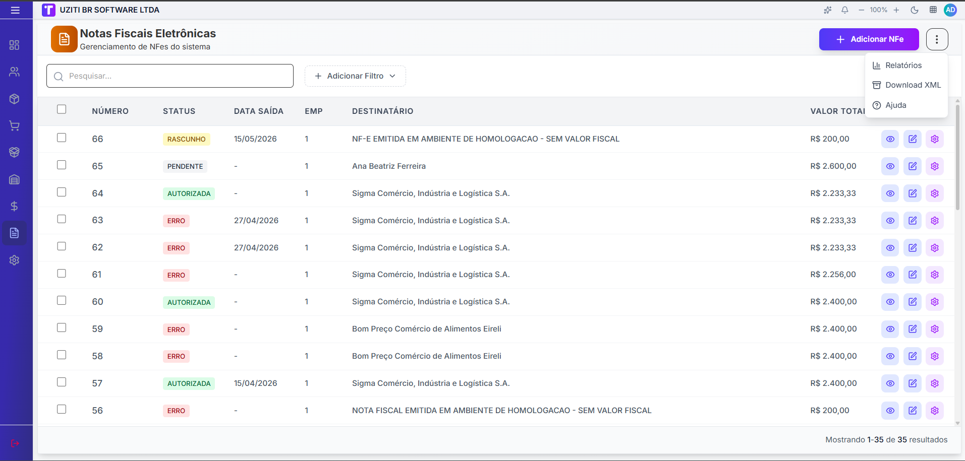 Menu do cabeçalho de NF-e com Relatórios, Download XML e Ajuda