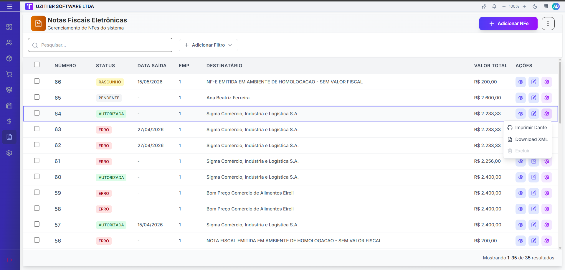 Menu de ações da linha com imprimir DANFE, download XML e excluir