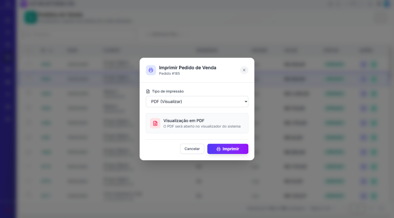 Tela inicial de Pedidos de Venda