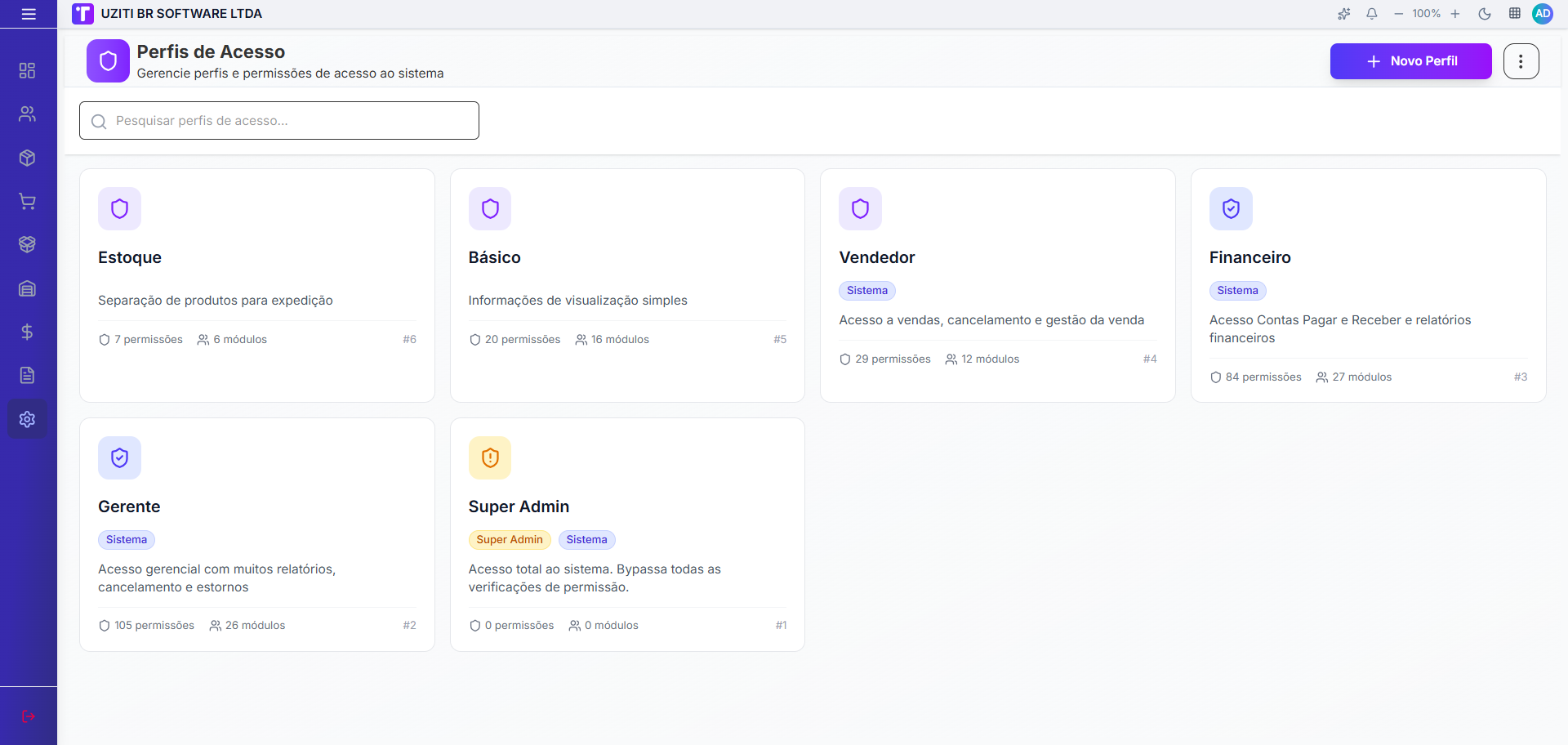 Tela de Perfis de Acesso com cards de perfis e campo de pesquisa
