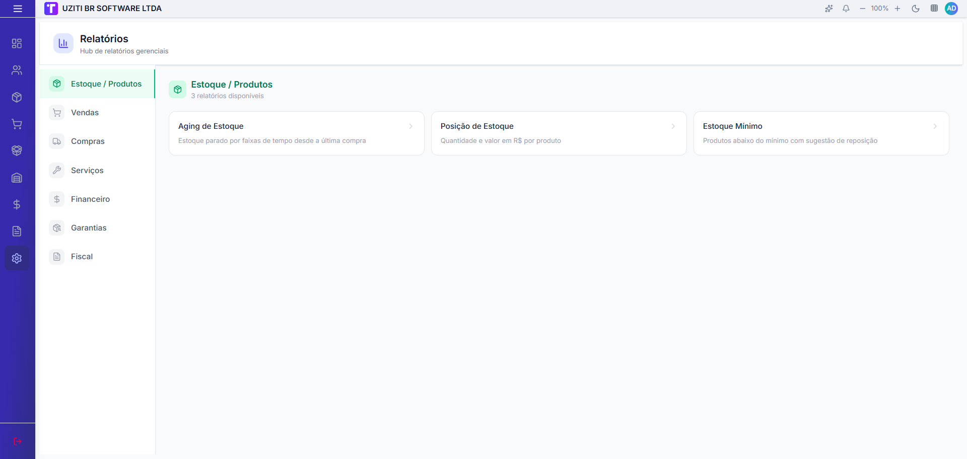 Hub de Relatórios com categoria Estoque Produtos selecionada