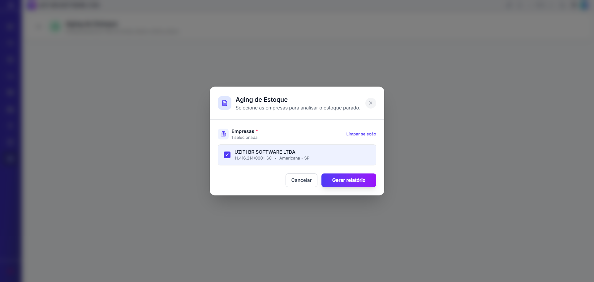 Modal de critérios para geração do relatório Aging de Estoque