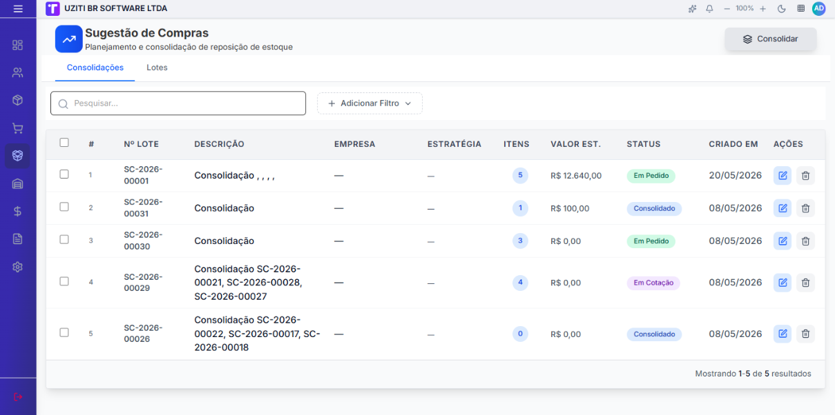 Tela inicial de Consolidações
