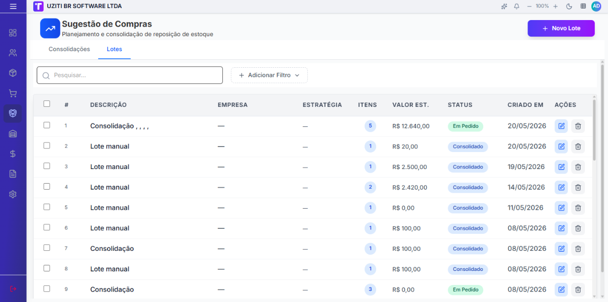 Tela inicial de Consolidações